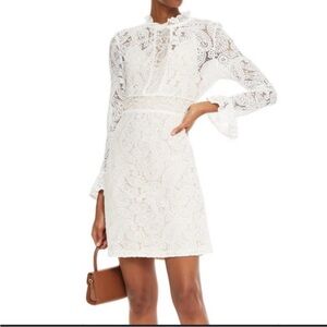 Maje lace dress, mini, ruffle collar &cuffs, blush liner, FR38, white, EUC